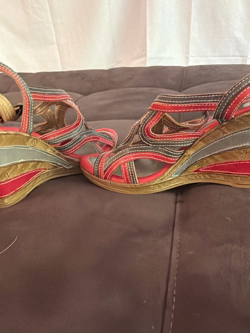 L'ATISTE Red and Gray Strappy Wedge Sandals